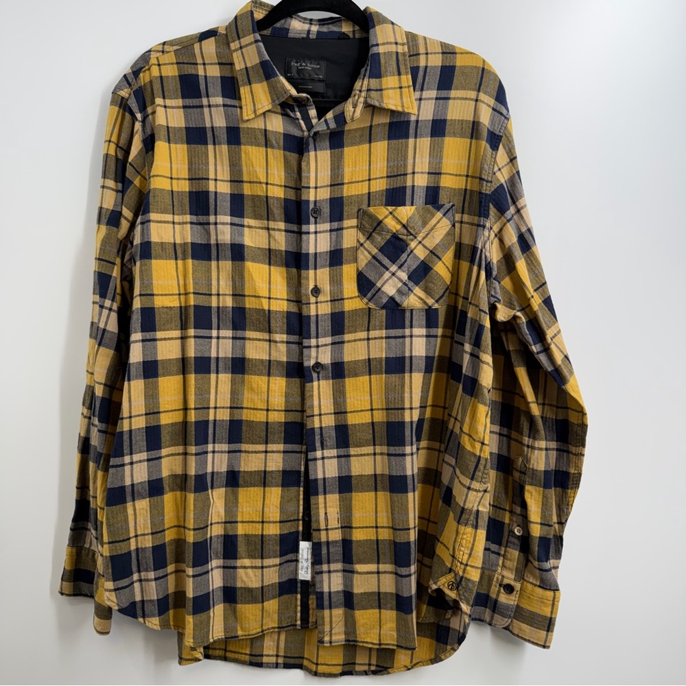 Rag & Bone Fit 3 Beach Plaid Shirt Mens XL Yellow Navy Button Front
